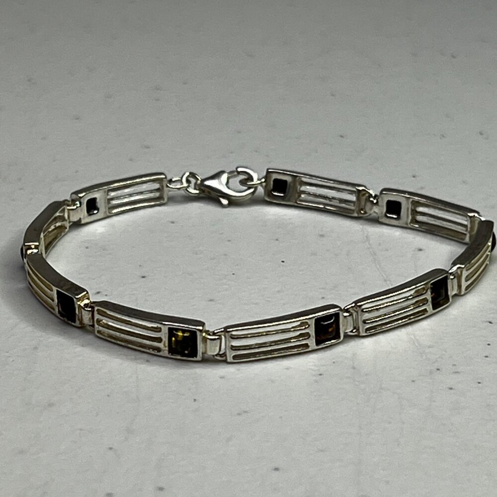Baltic Amber & Sterling Silver 925 Bracelet With Rectangular Link Design - Picture 10 of 13